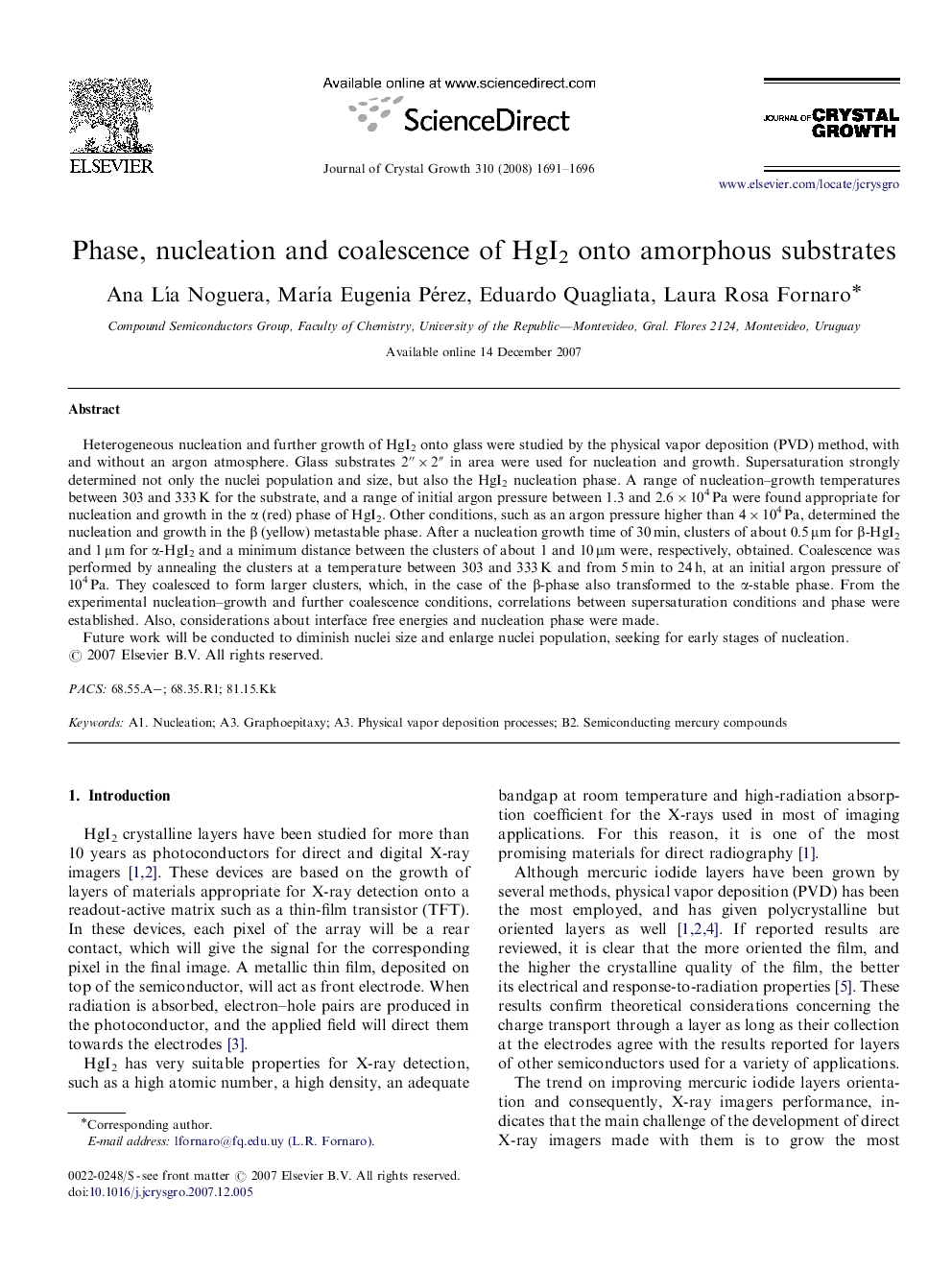 Phase, nucleation and coalescence of HgI2 onto amorphous substrates