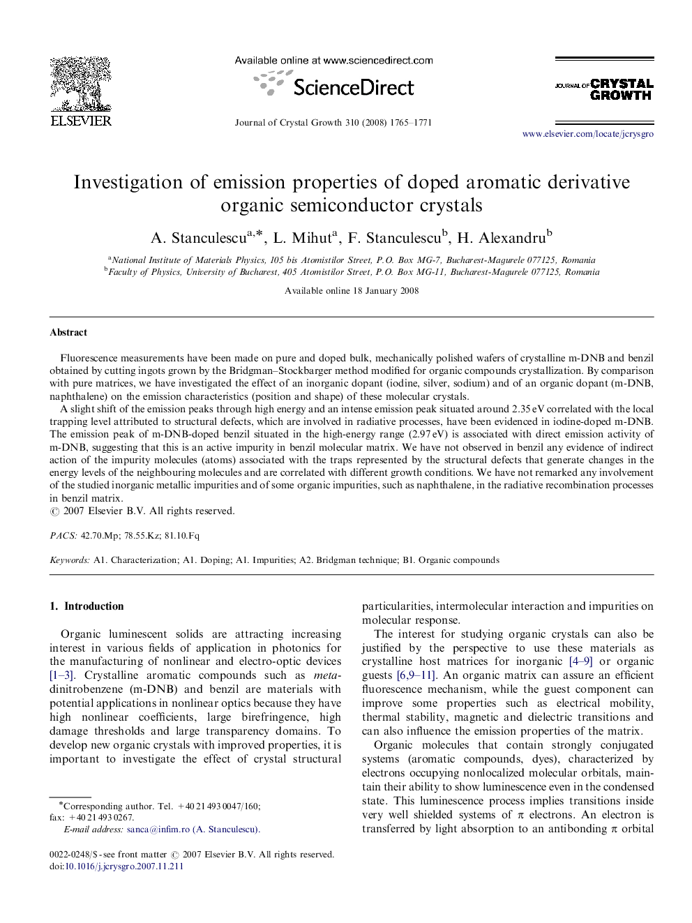 Investigation of emission properties of doped aromatic derivative organic semiconductor crystals