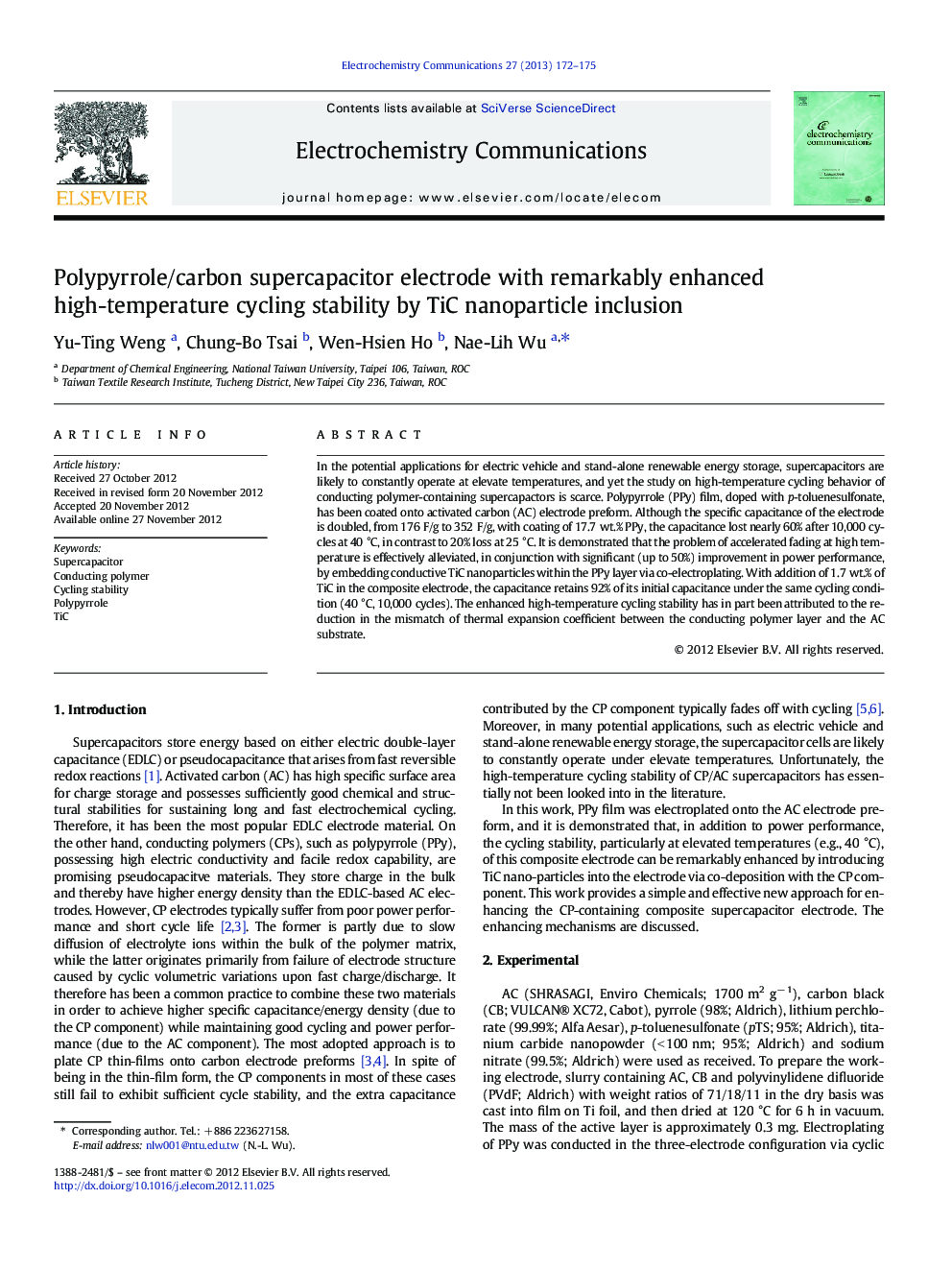 Polypyrrole/carbon supercapacitor electrode with remarkably enhanced high-temperature cycling stability by TiC nanoparticle inclusion