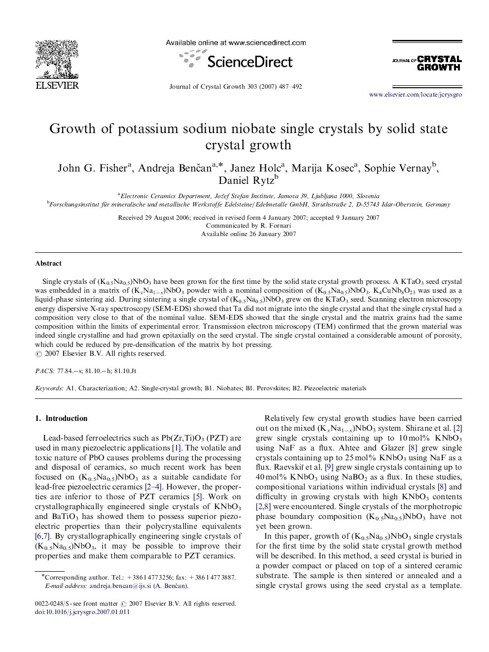 Growth of potassium sodium niobate single crystals by solid state crystal growth