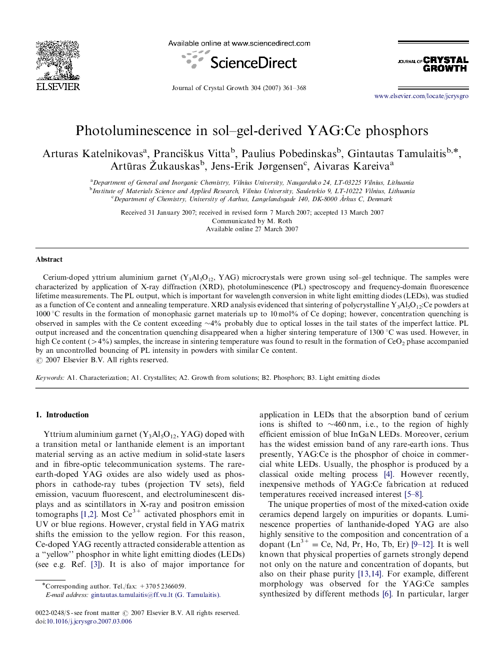 Photoluminescence in sol–gel-derived YAG:Ce phosphors