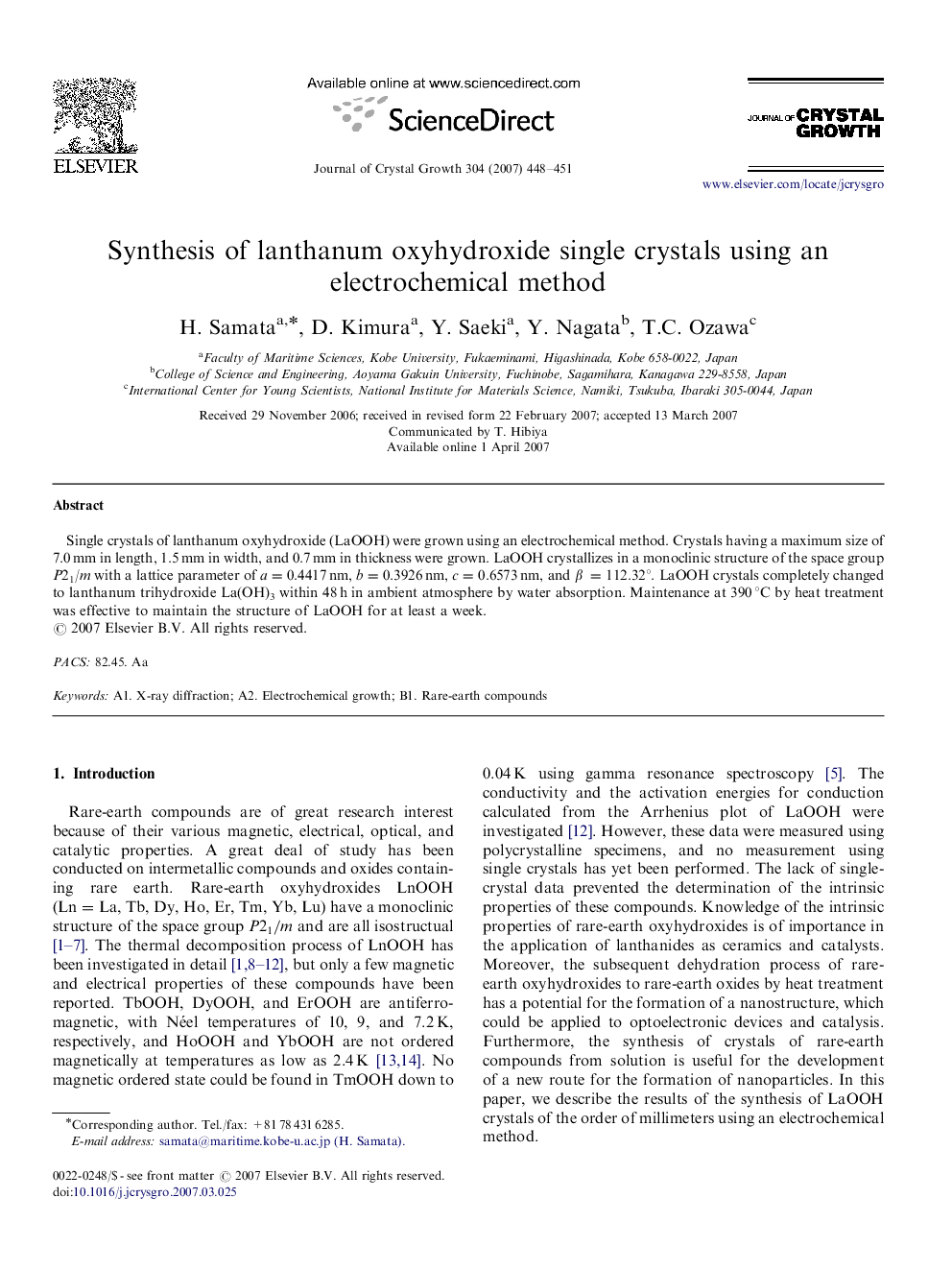 Synthesis of lanthanum oxyhydroxide single crystals using an electrochemical method