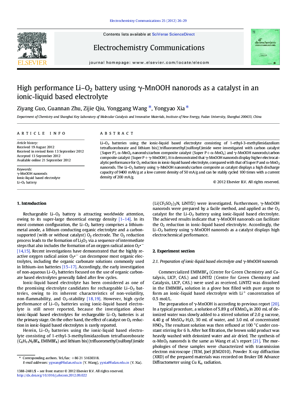 High performance Li–O2 battery using γ-MnOOH nanorods as a catalyst in an ionic-liquid based electrolyte