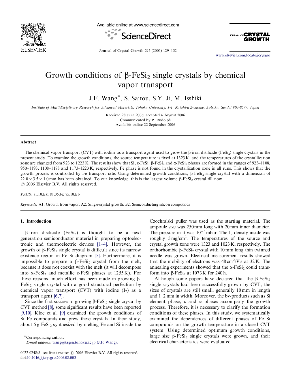 Growth conditions of β-FeSi2 single crystals by chemical vapor transport