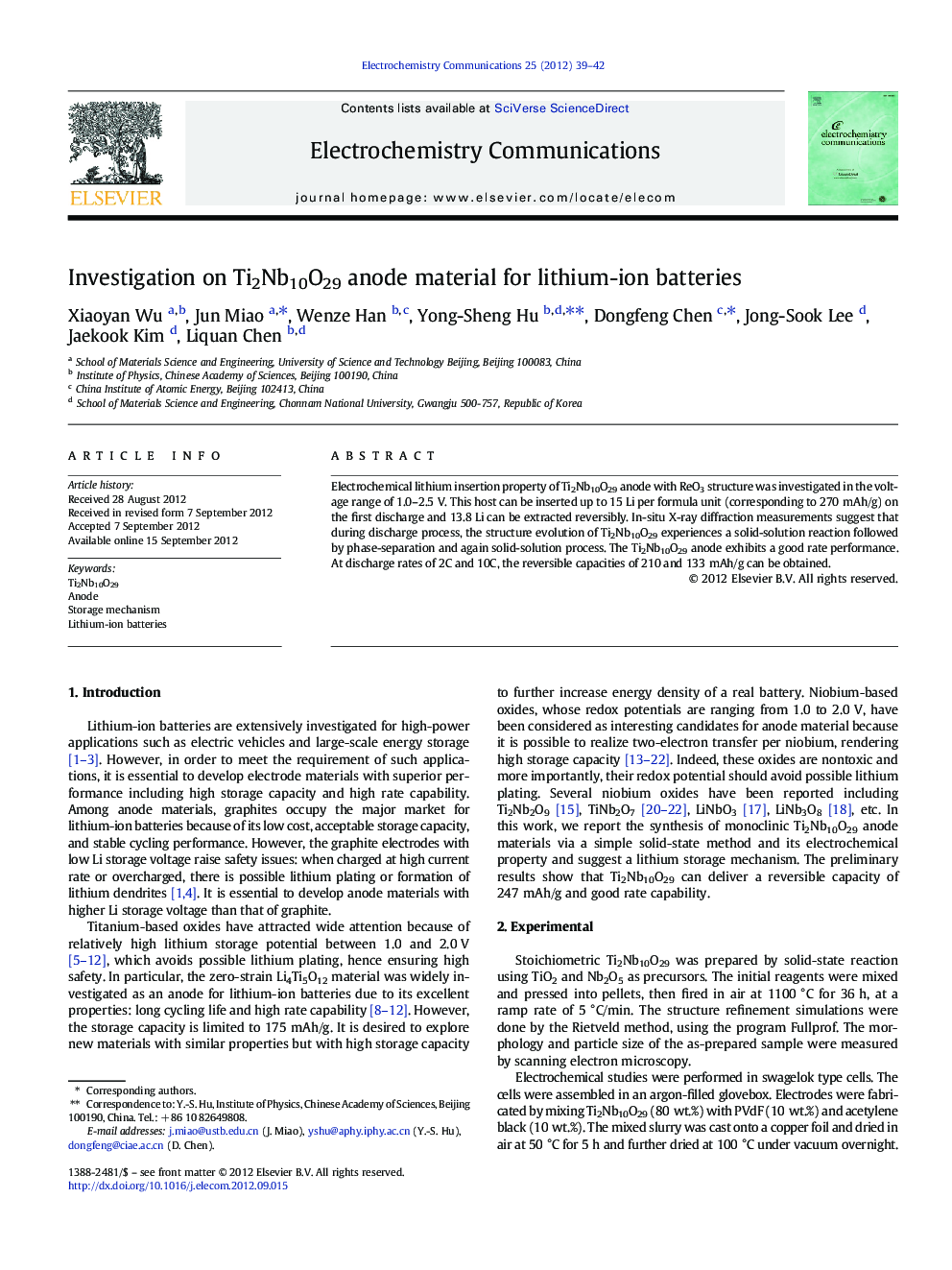 Investigation on Ti2Nb10O29 anode material for lithium-ion batteries