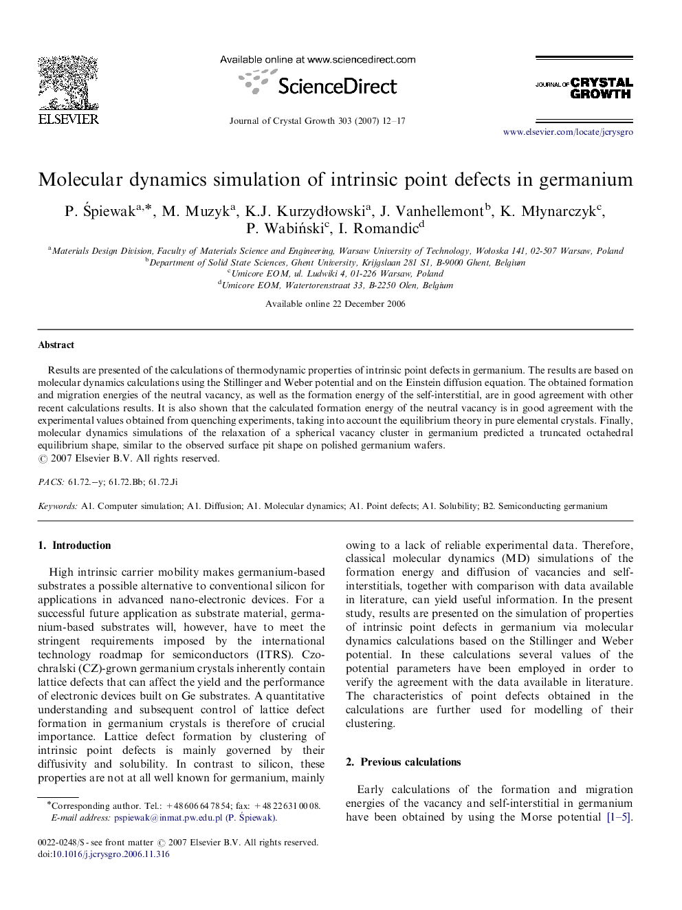 Molecular dynamics simulation of intrinsic point defects in germanium