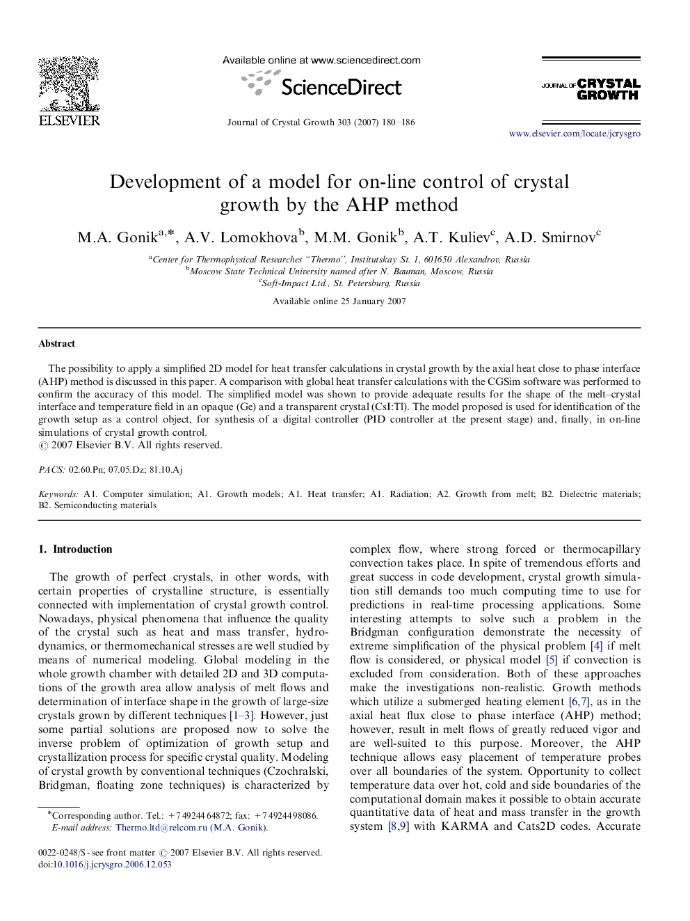 Development of a model for on-line control of crystal growth by the AHP method