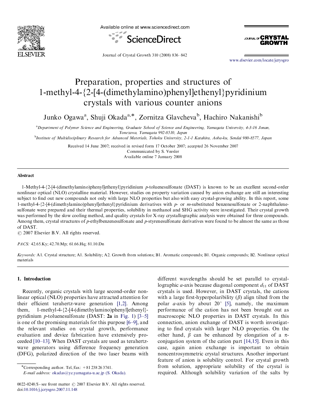 Preparation, properties and structures of 1-methyl-4-{2-[4-(dimethylamino)phenyl]ethenyl}pyridinium crystals with various counter anions