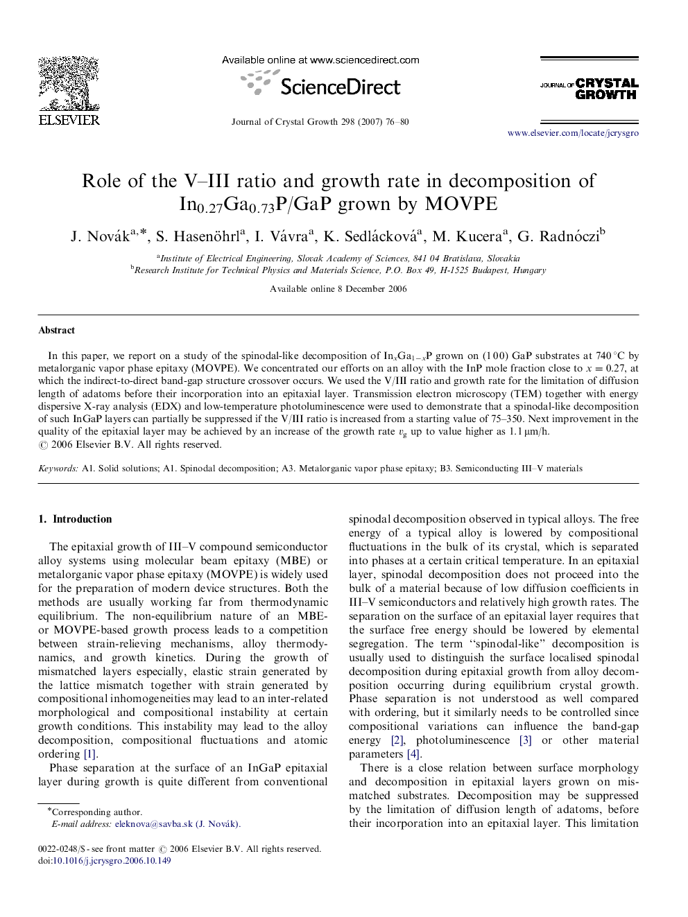 Role of the V–III ratio and growth rate in decomposition of In0.27Ga0.73P/GaP grown by MOVPE