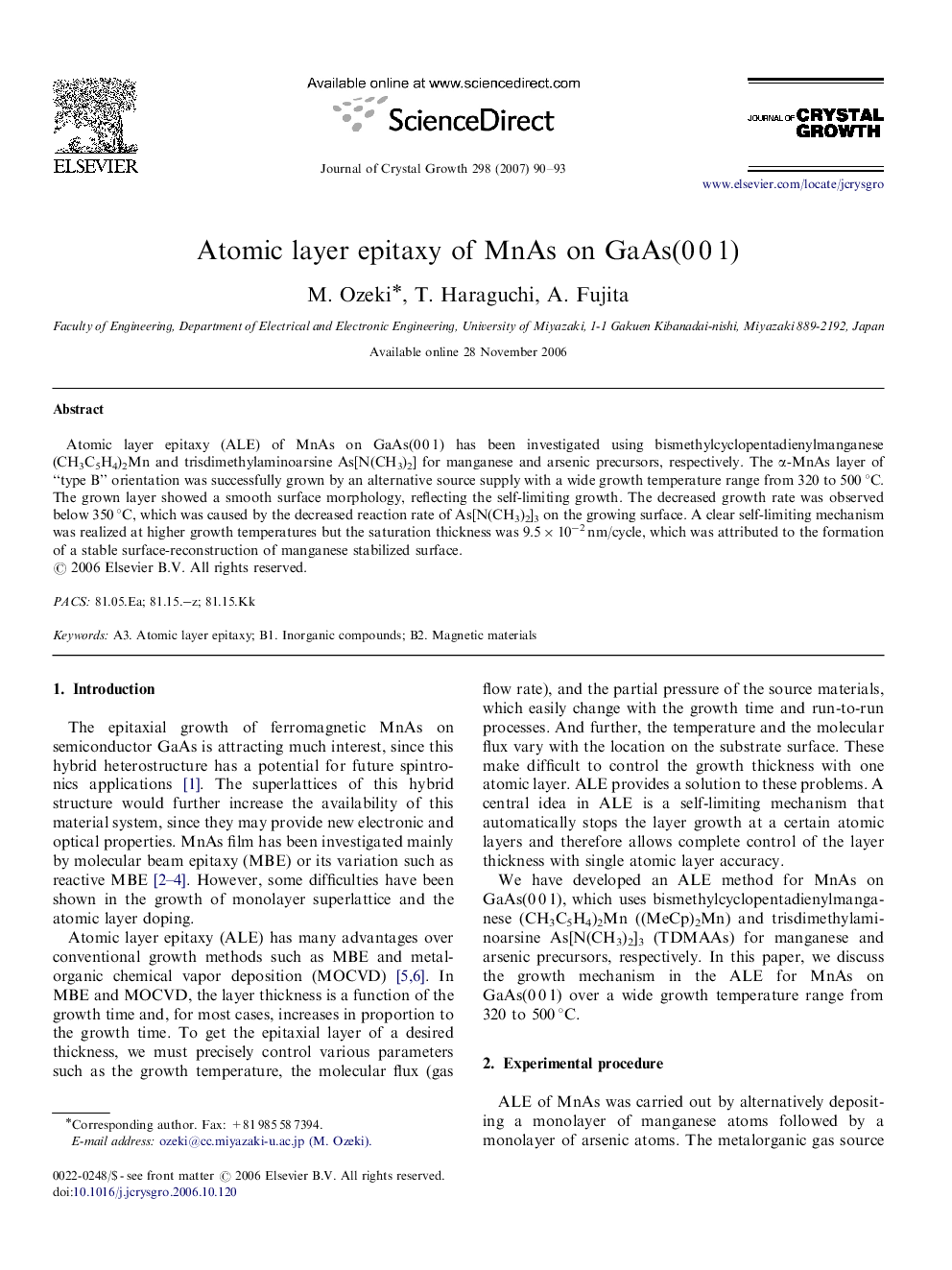 Atomic layer epitaxy of MnAs on GaAs(0Â 0Â 1)