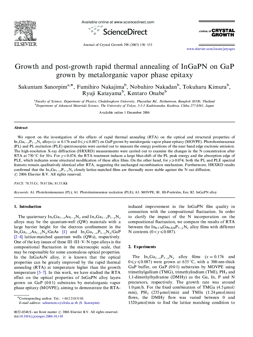 Growth and post-growth rapid thermal annealing of InGaPN on GaP grown by metalorganic vapor phase epitaxy