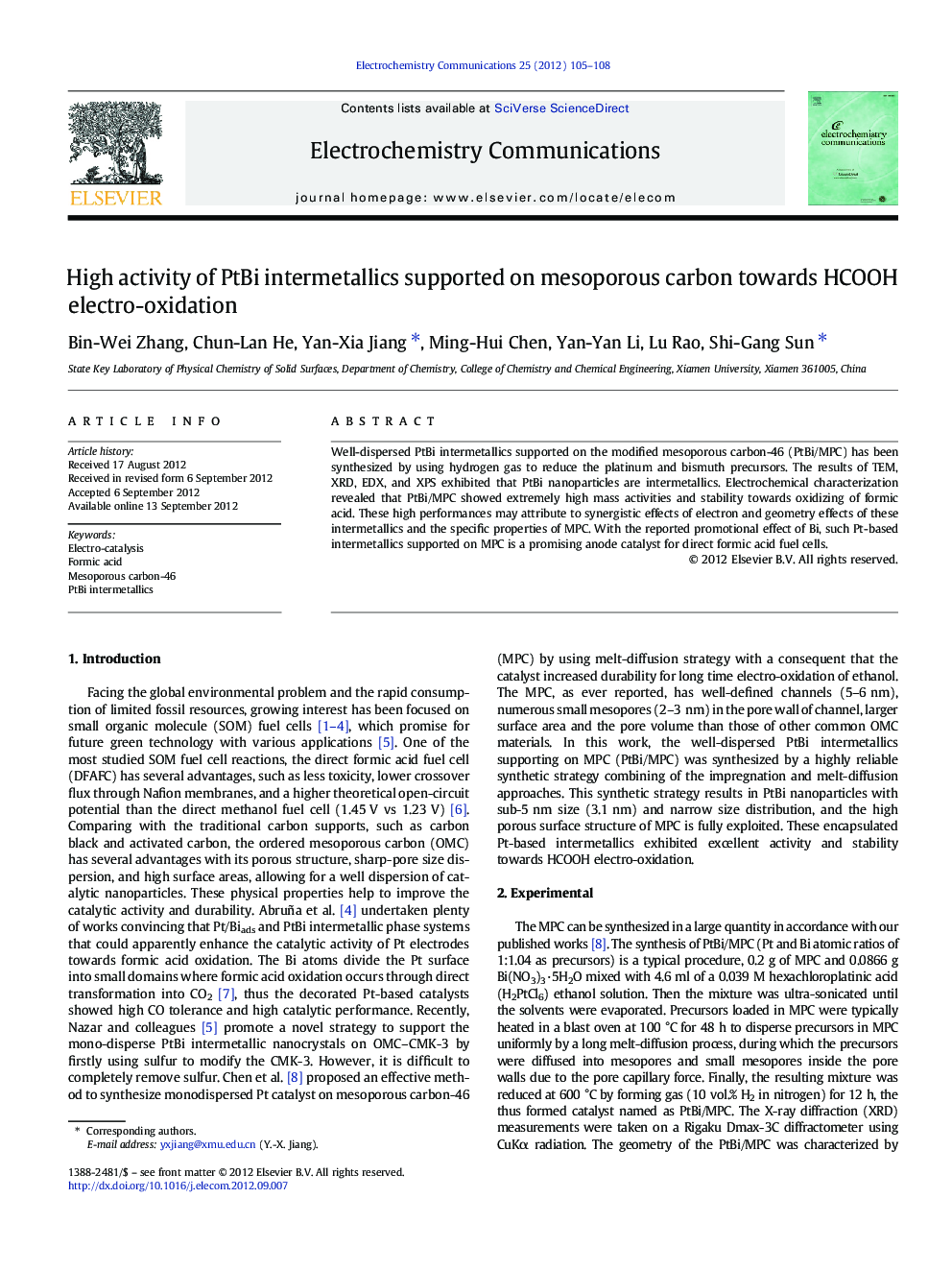 High activity of PtBi intermetallics supported on mesoporous carbon towards HCOOH electro-oxidation