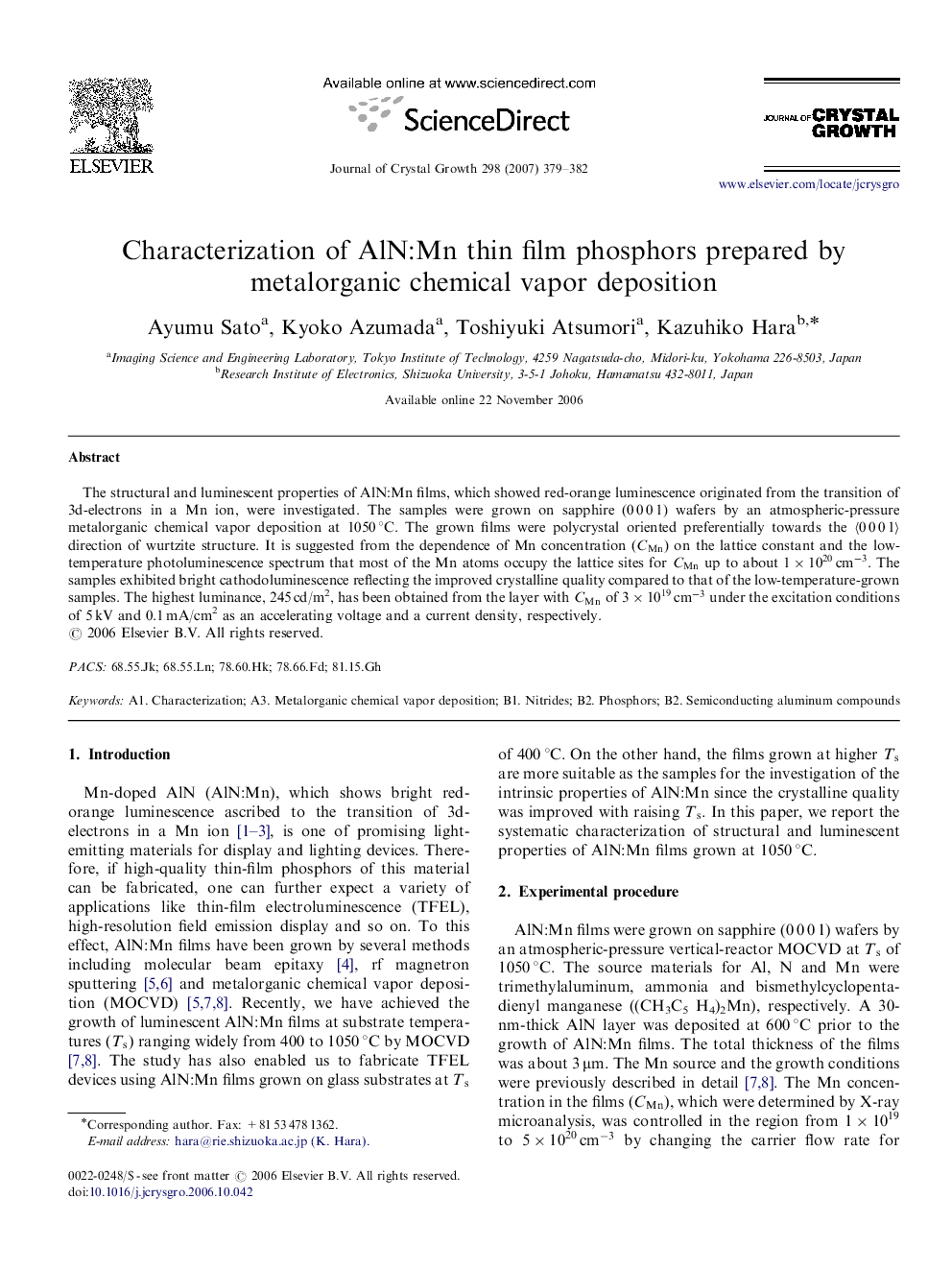 Characterization of AlN:Mn thin film phosphors prepared by metalorganic chemical vapor deposition