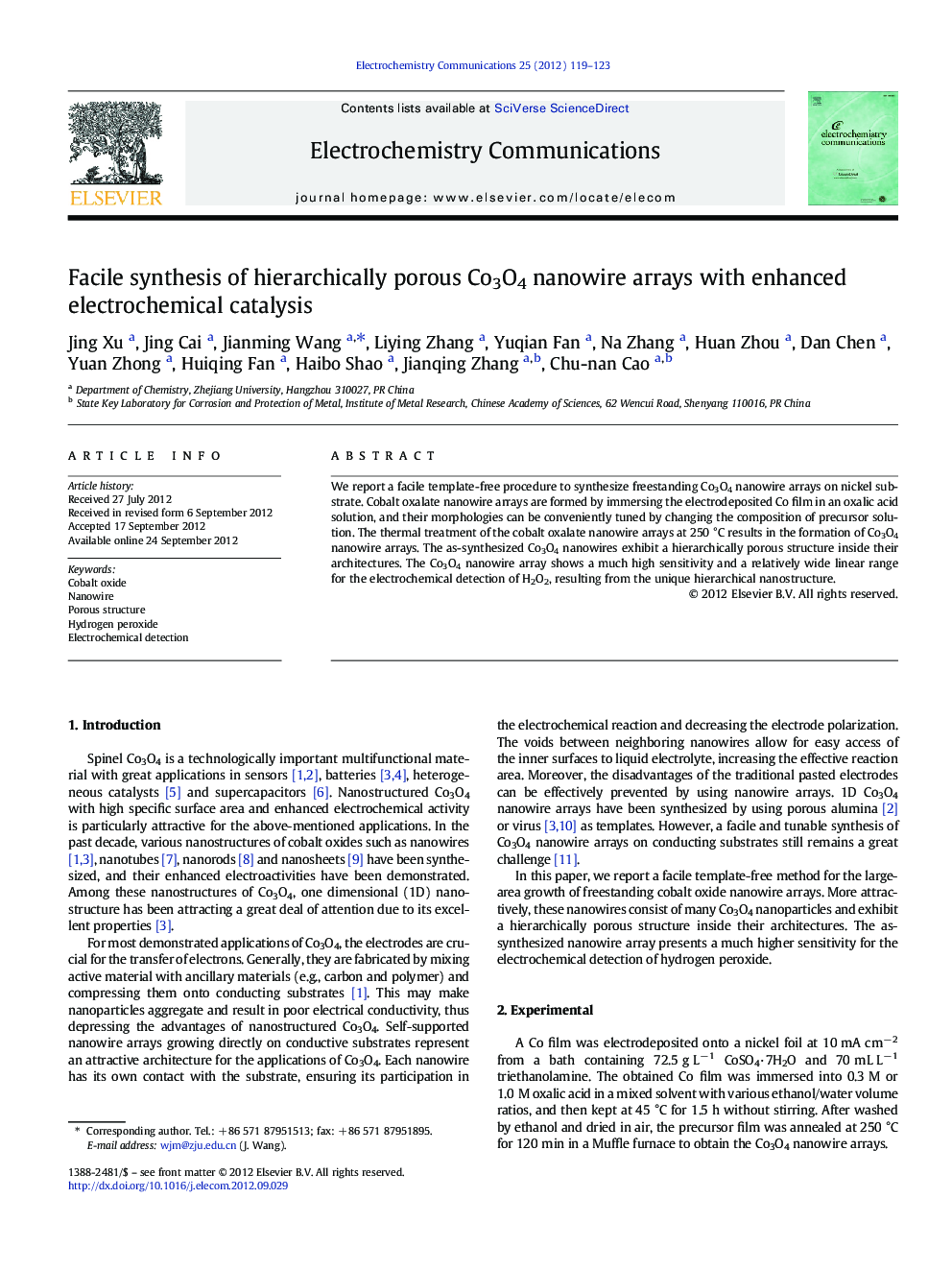 Facile synthesis of hierarchically porous Co3O4 nanowire arrays with enhanced electrochemical catalysis