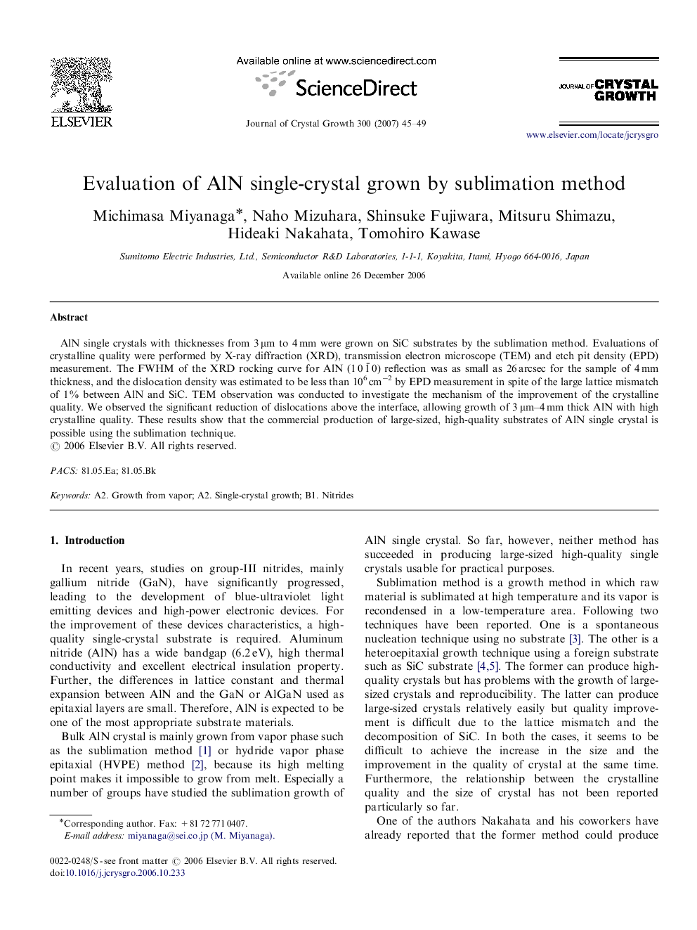 عکس صفحه اول مقاله: Evaluation of AlN single-crystal grown by sublimation method Evaluation of AlN single-crystal grown by sublimation method