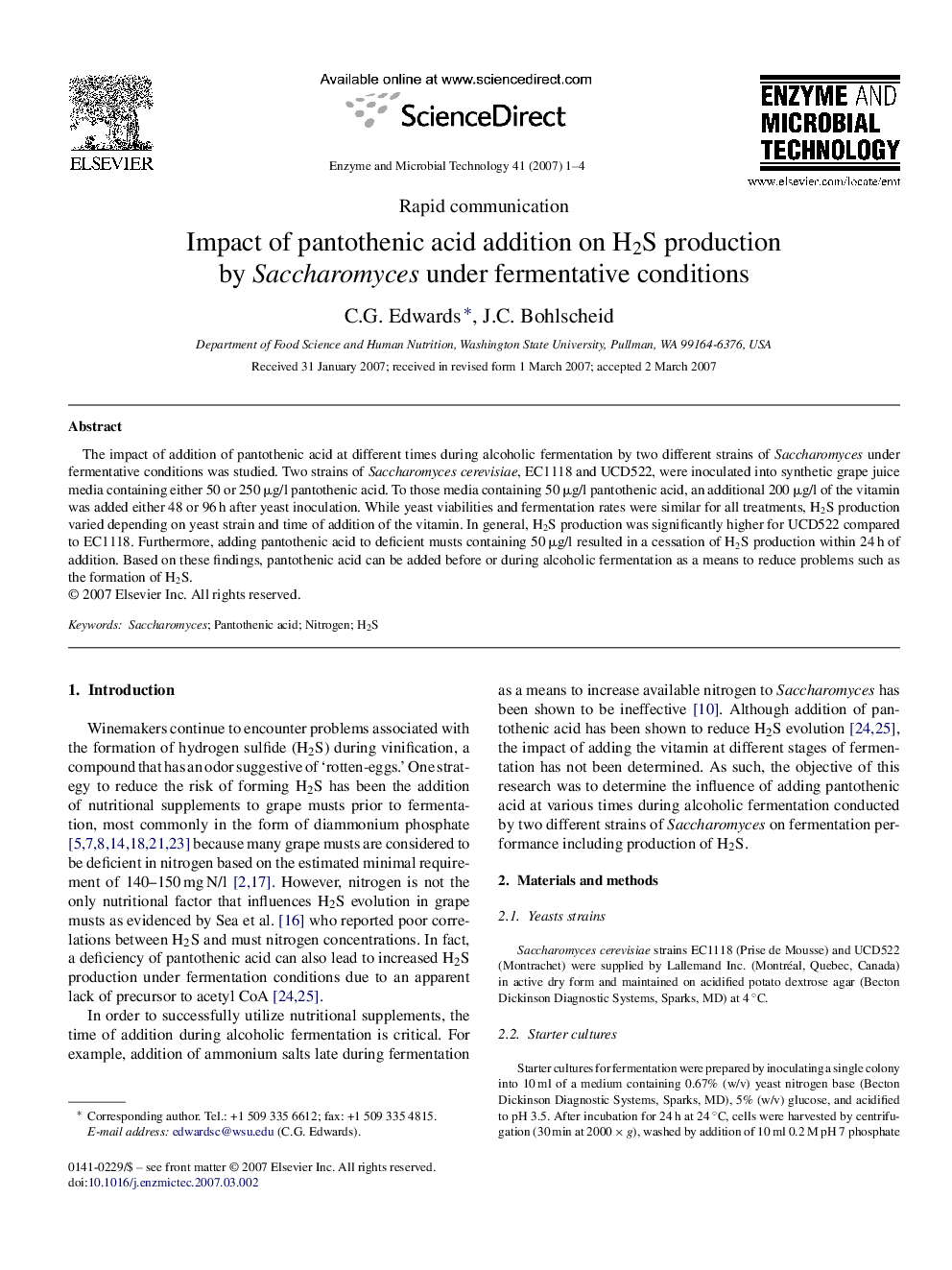 Impact of pantothenic acid addition on H2S production by Saccharomyces under fermentative conditions