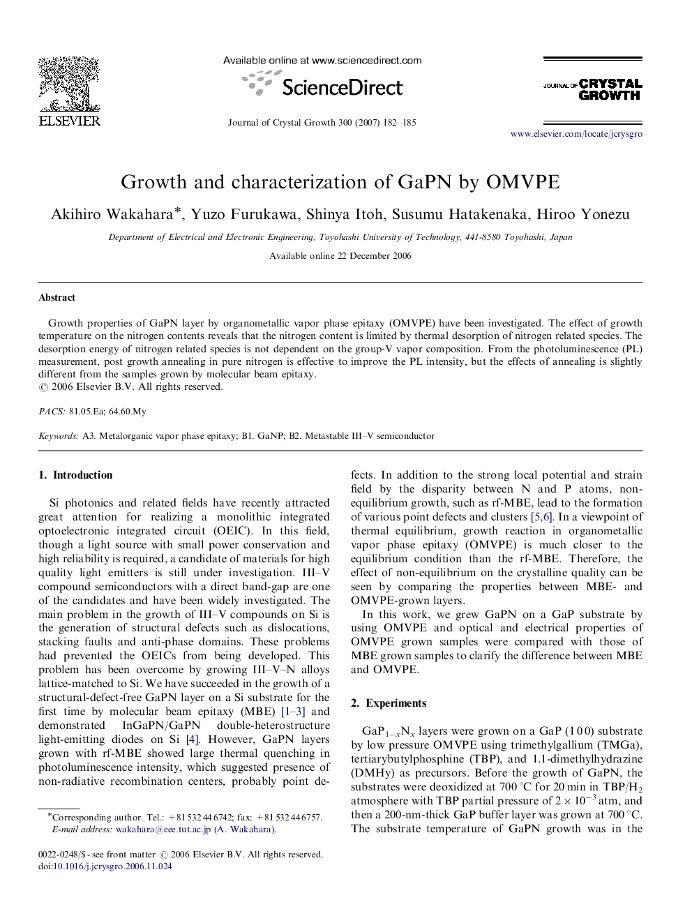 Growth and characterization of GaPN by OMVPE