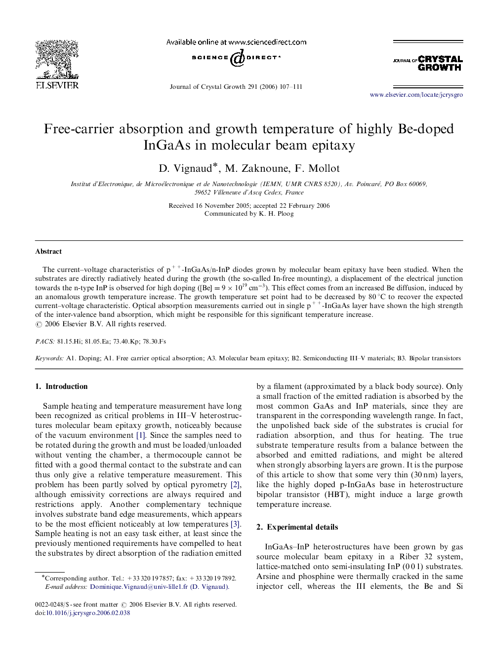 Free-carrier absorption and growth temperature of highly Be-doped InGaAs in molecular beam epitaxy