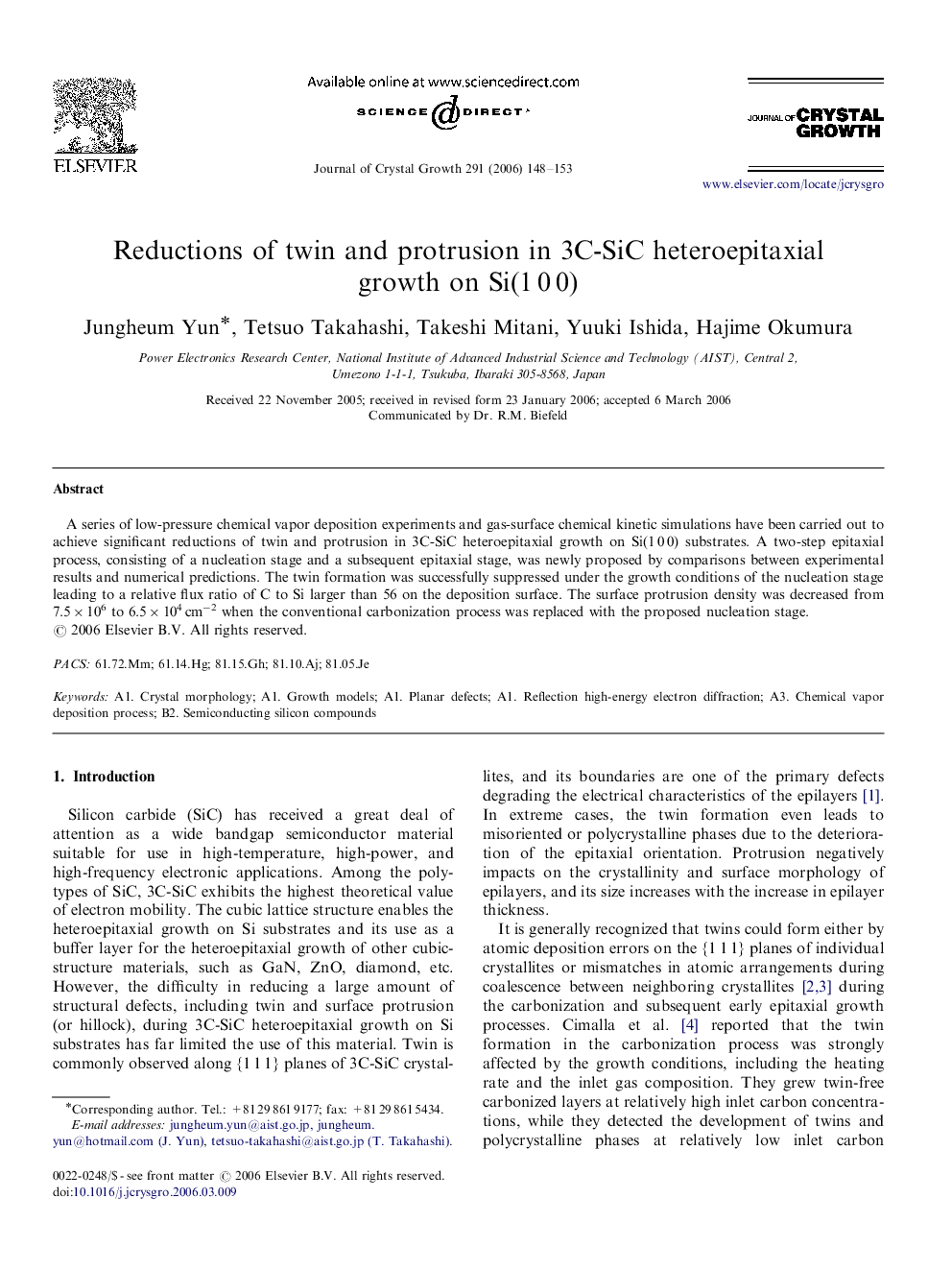 Reductions of twin and protrusion in 3C-SiC heteroepitaxial growth on Si(1Â 0Â 0)