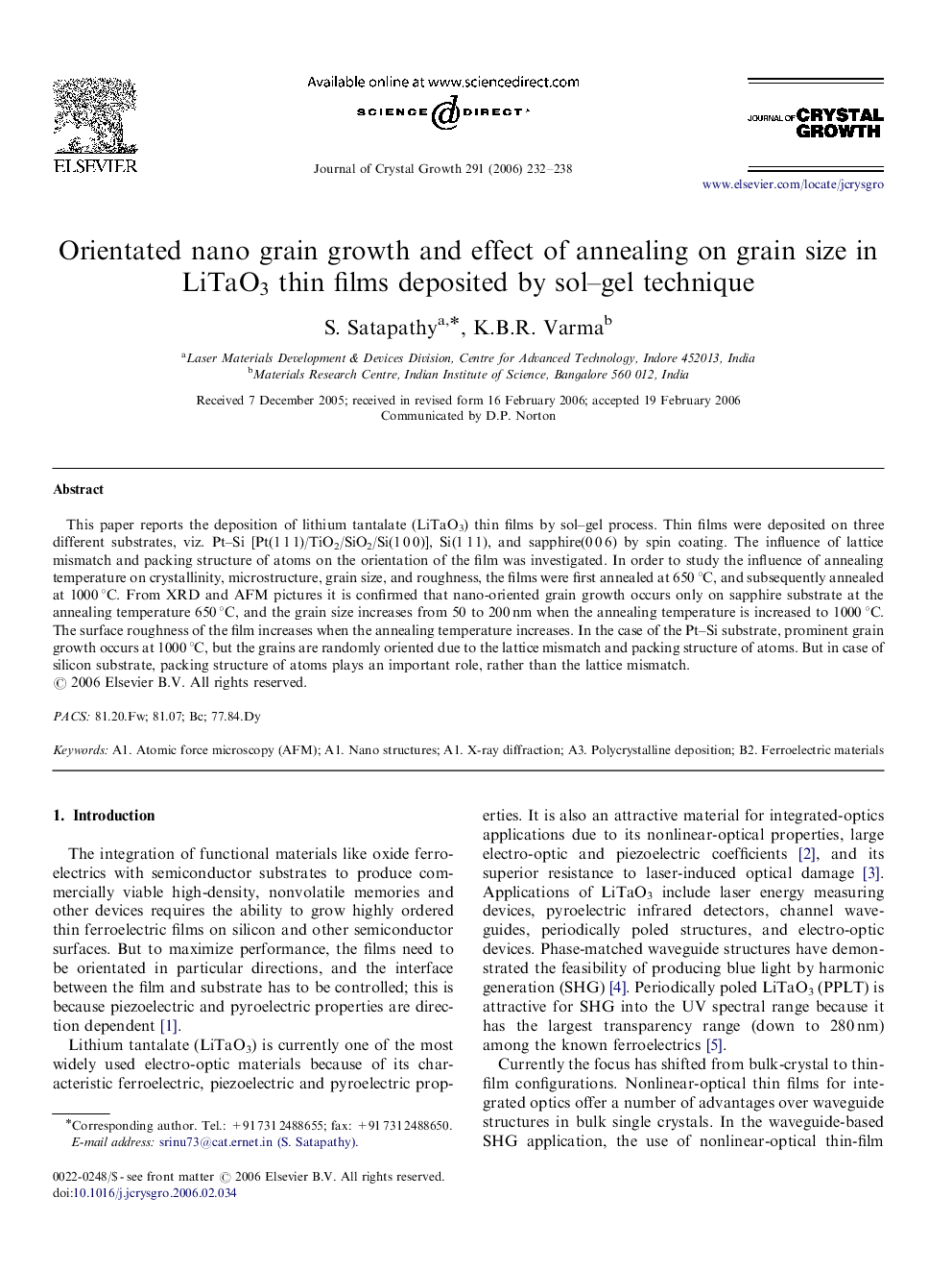 Orientated nano grain growth and effect of annealing on grain size in LiTaO3 thin films deposited by sol–gel technique