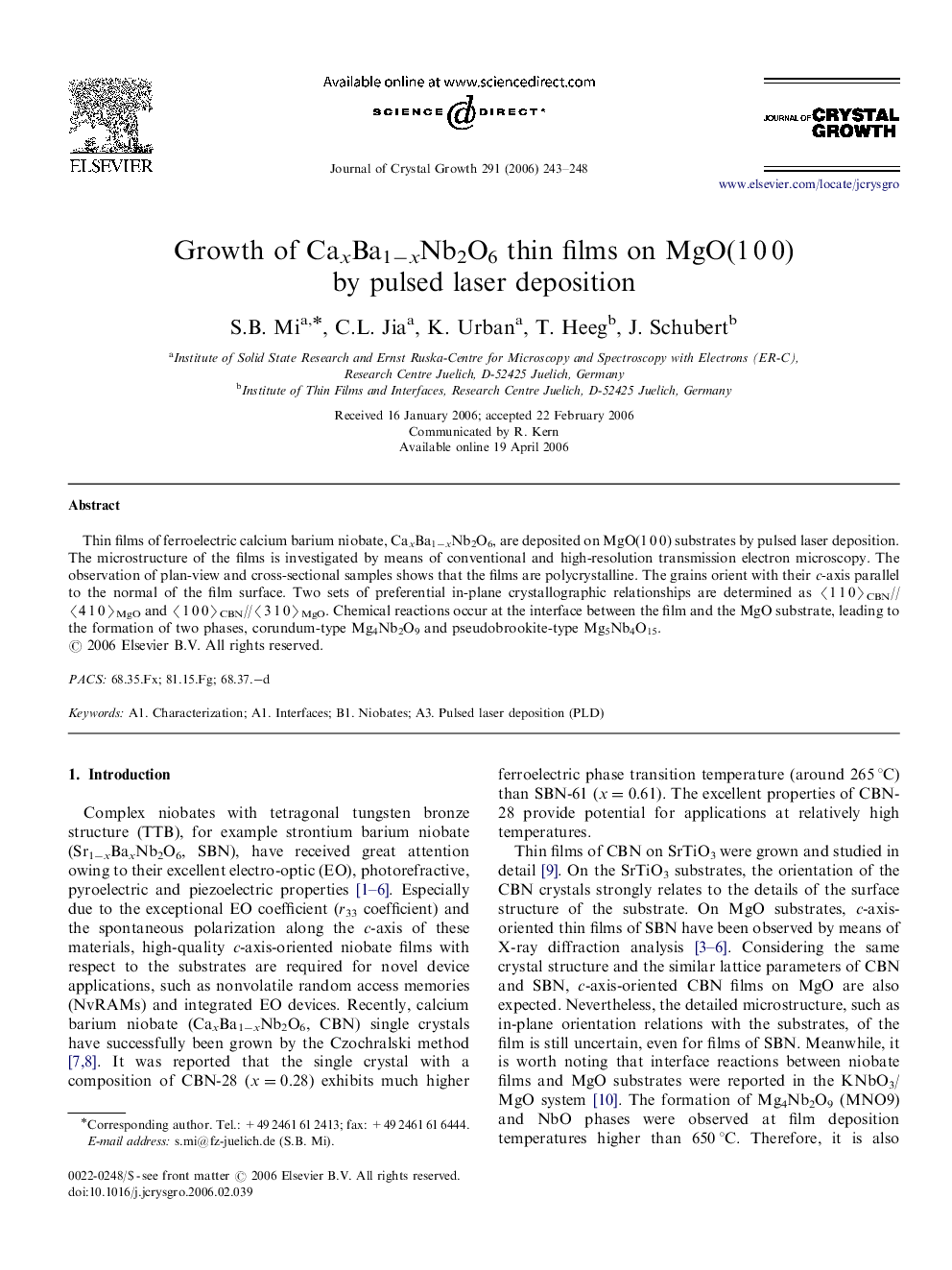 Growth of CaxBa1âxNb2O6 thin films on MgO(1Â 0Â 0) by pulsed laser deposition