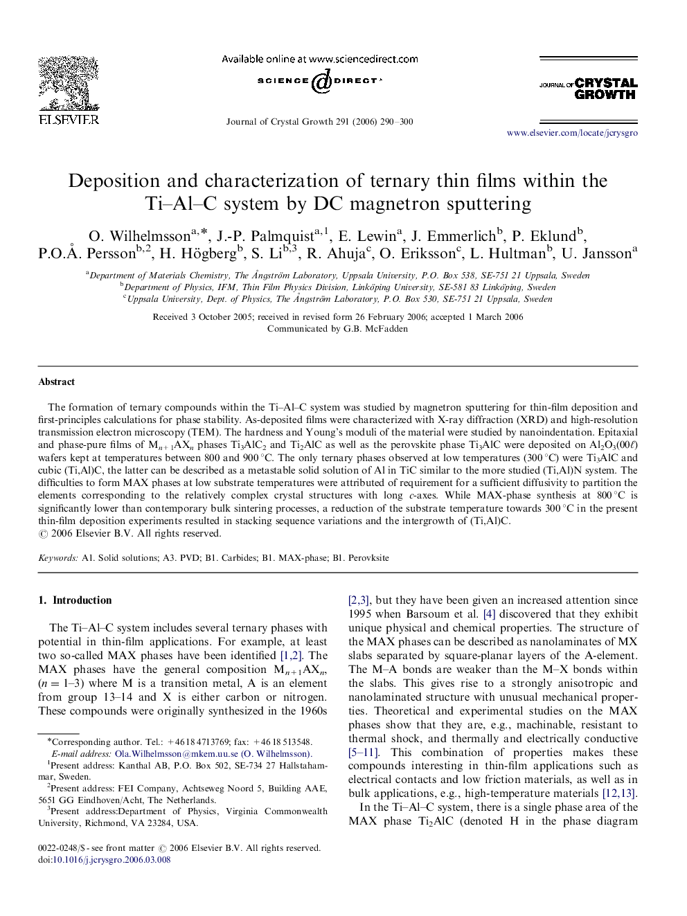 Deposition and characterization of ternary thin films within the Ti–Al–C system by DC magnetron sputtering