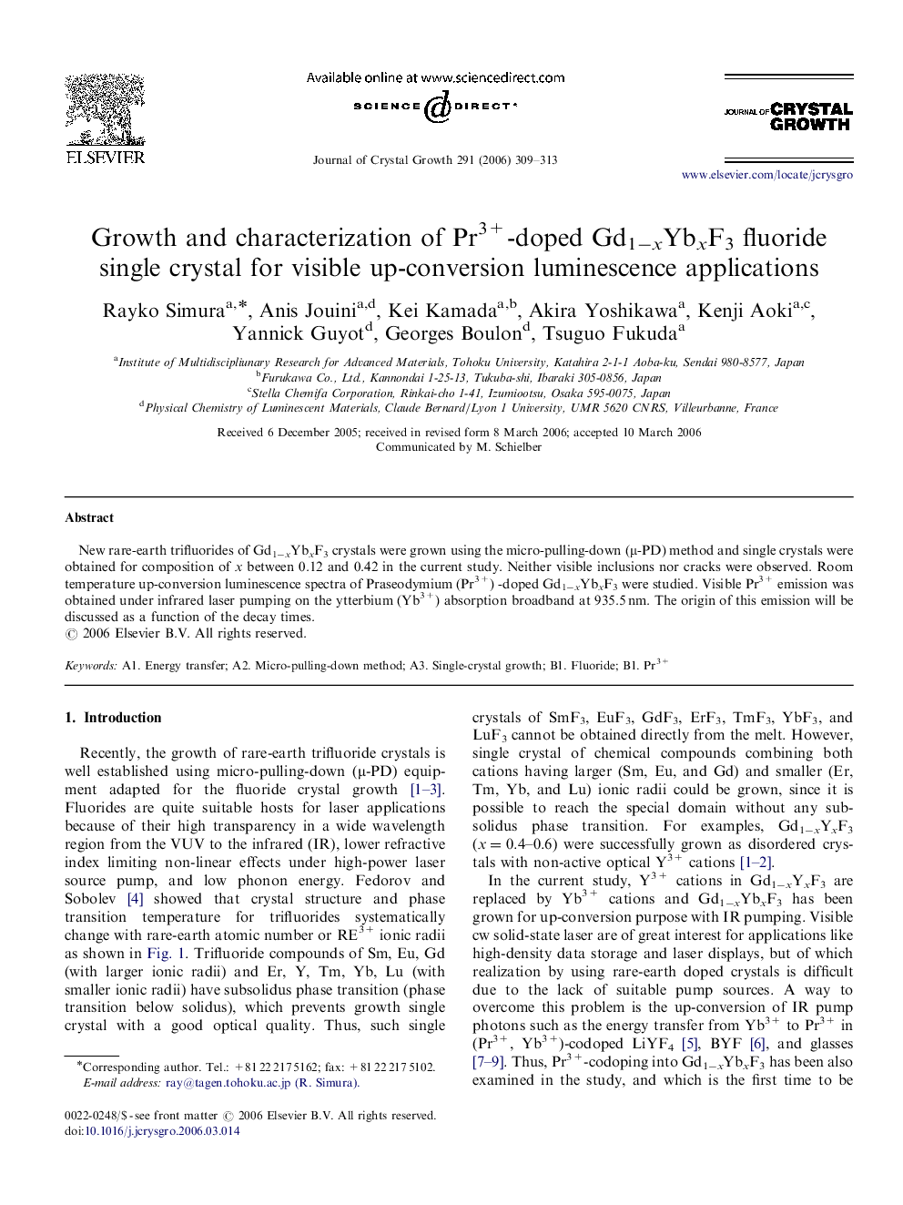 Growth and characterization of Pr3+-doped Gd1−xYbxF3 fluoride single crystal for visible up-conversion luminescence applications