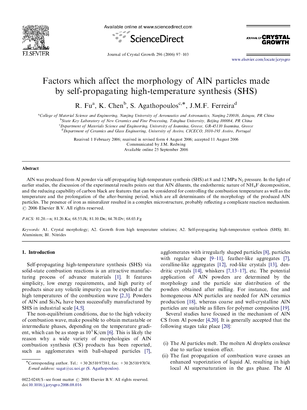 Factors which affect the morphology of AlN particles made by self-propagating high-temperature synthesis (SHS)