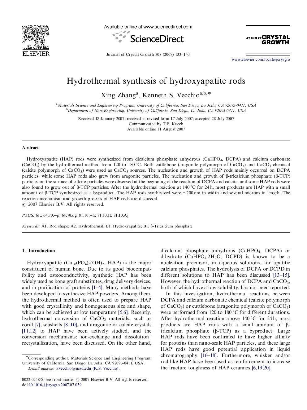 Hydrothermal synthesis of hydroxyapatite rods