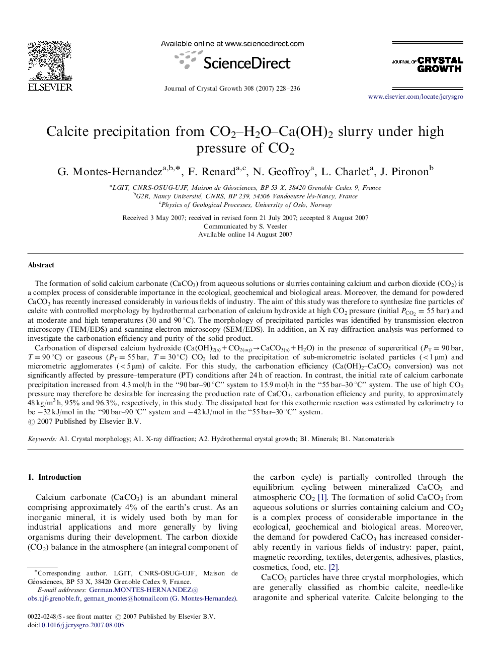 Calcite precipitation from CO2–H2O–Ca(OH)2 slurry under high pressure of CO2