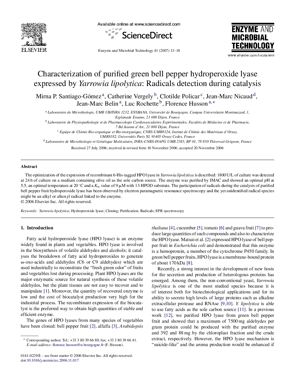 Characterization of purified green bell pepper hydroperoxide lyase expressed by Yarrowia lipolytica: Radicals detection during catalysis