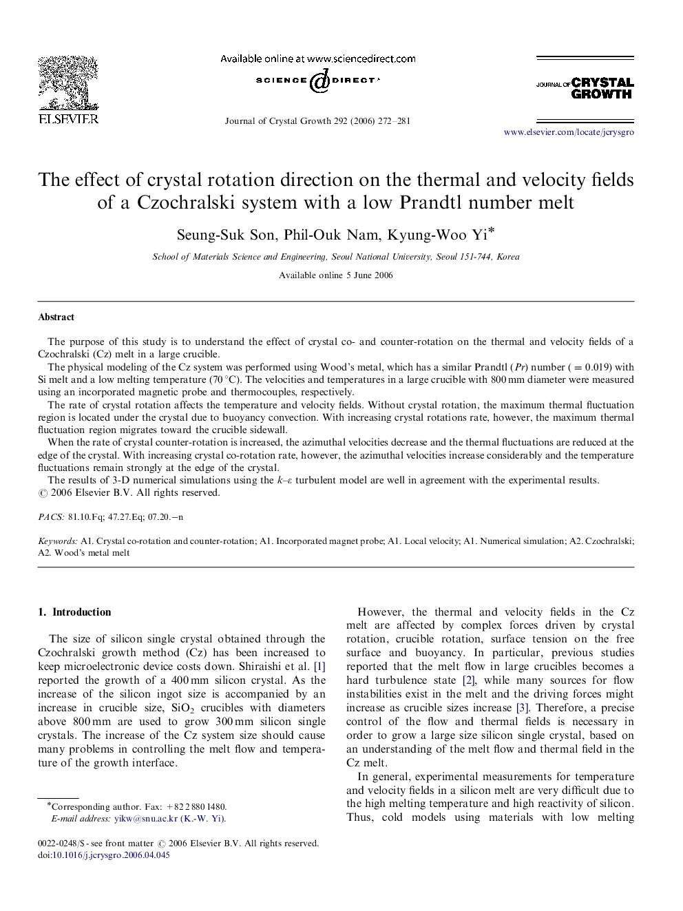 The effect of crystal rotation direction on the thermal and velocity fields of a Czochralski system with a low Prandtl number melt