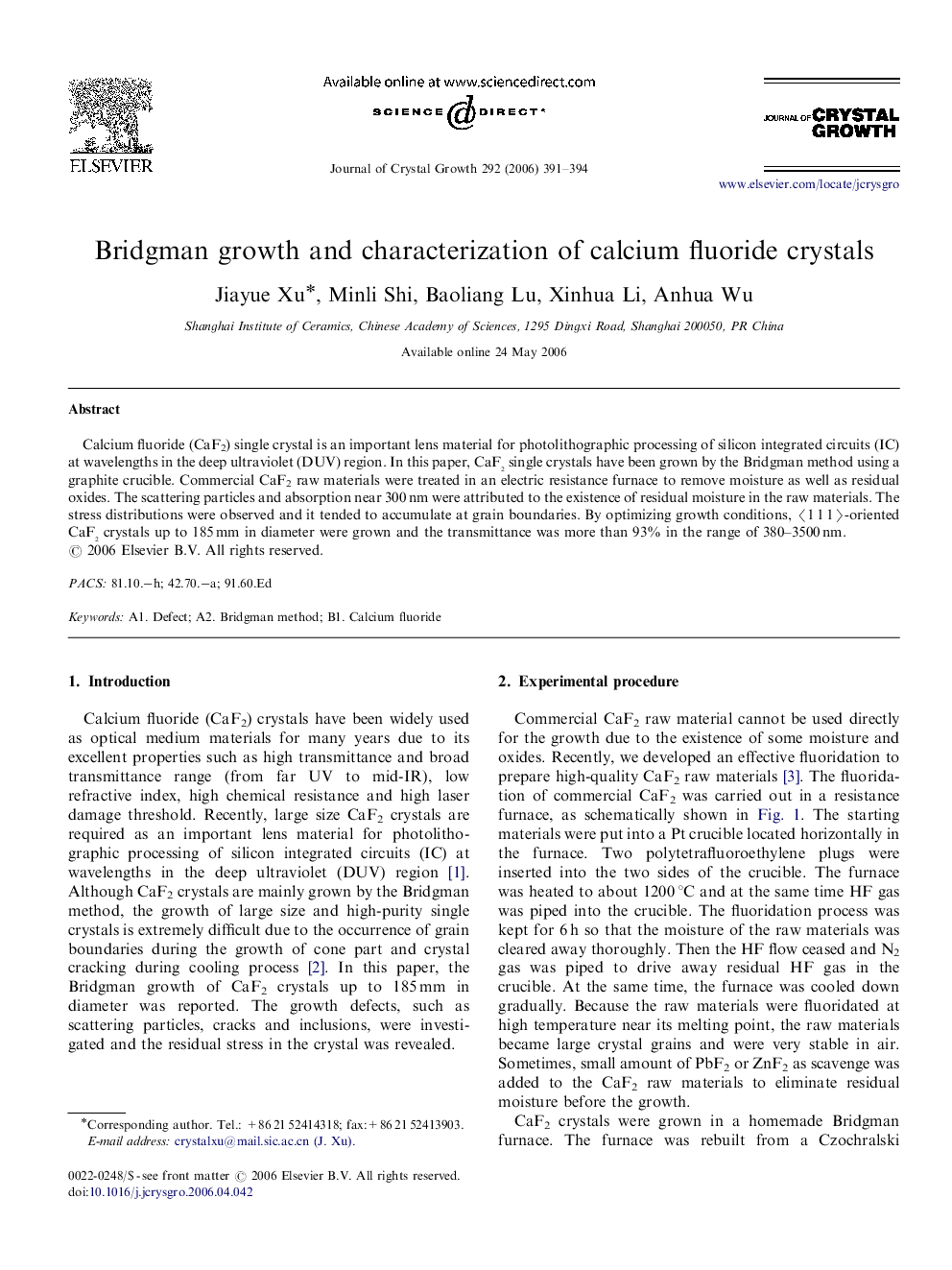 Bridgman growth and characterization of calcium fluoride crystals