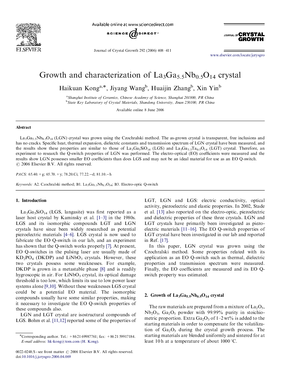 Growth and characterization of La3Ga5.5Nb0.5O14 crystal