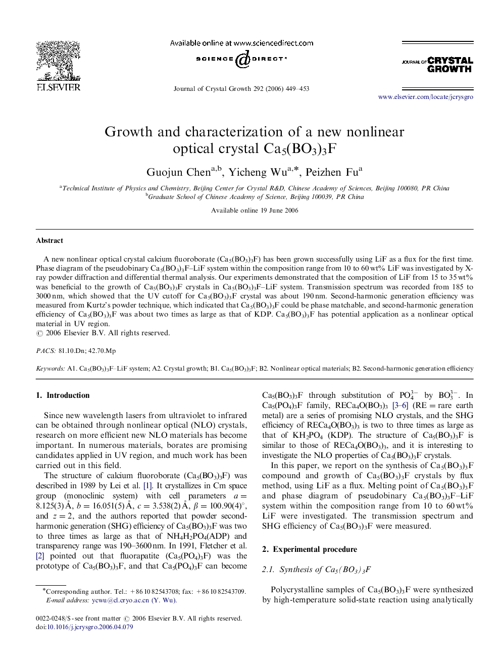 Growth and characterization of a new nonlinear optical crystal Ca5(BO3)3F