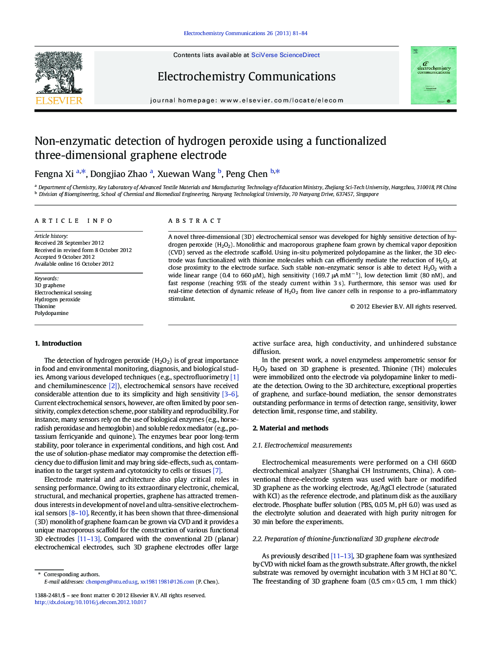 Non-enzymatic detection of hydrogen peroxide using a functionalized three-dimensional graphene electrode