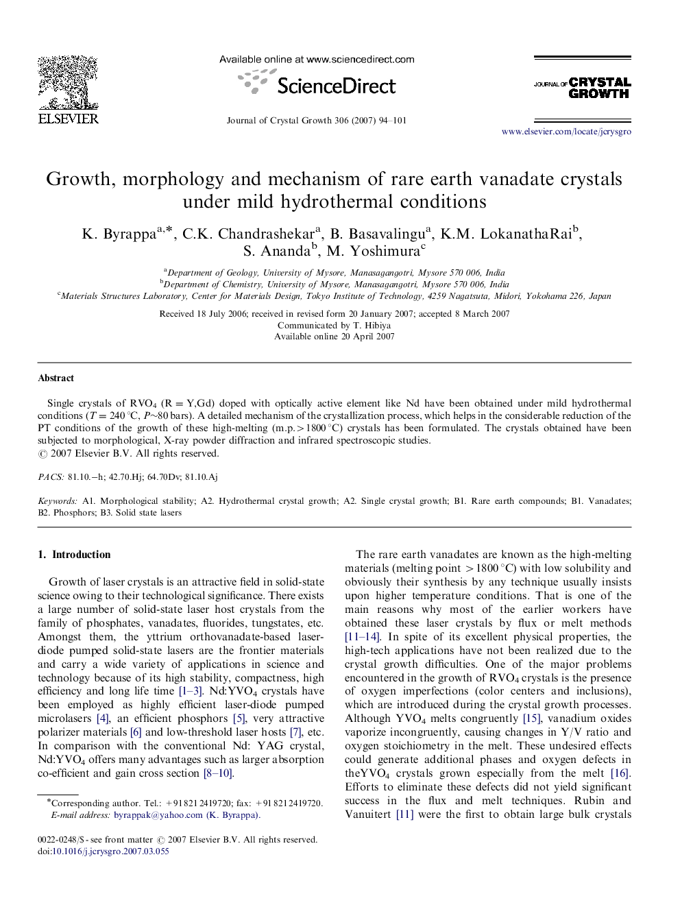 Growth, morphology and mechanism of rare earth vanadate crystals under mild hydrothermal conditions