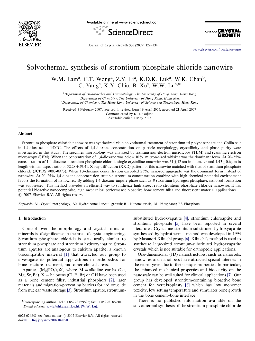 Solvothermal synthesis of strontium phosphate chloride nanowire