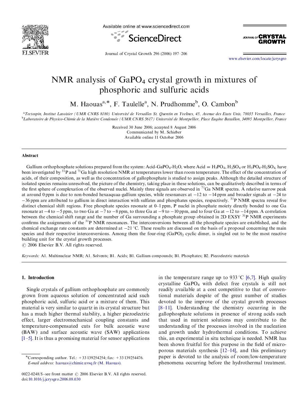 NMR analysis of GaPO4 crystal growth in mixtures of phosphoric and sulfuric acids