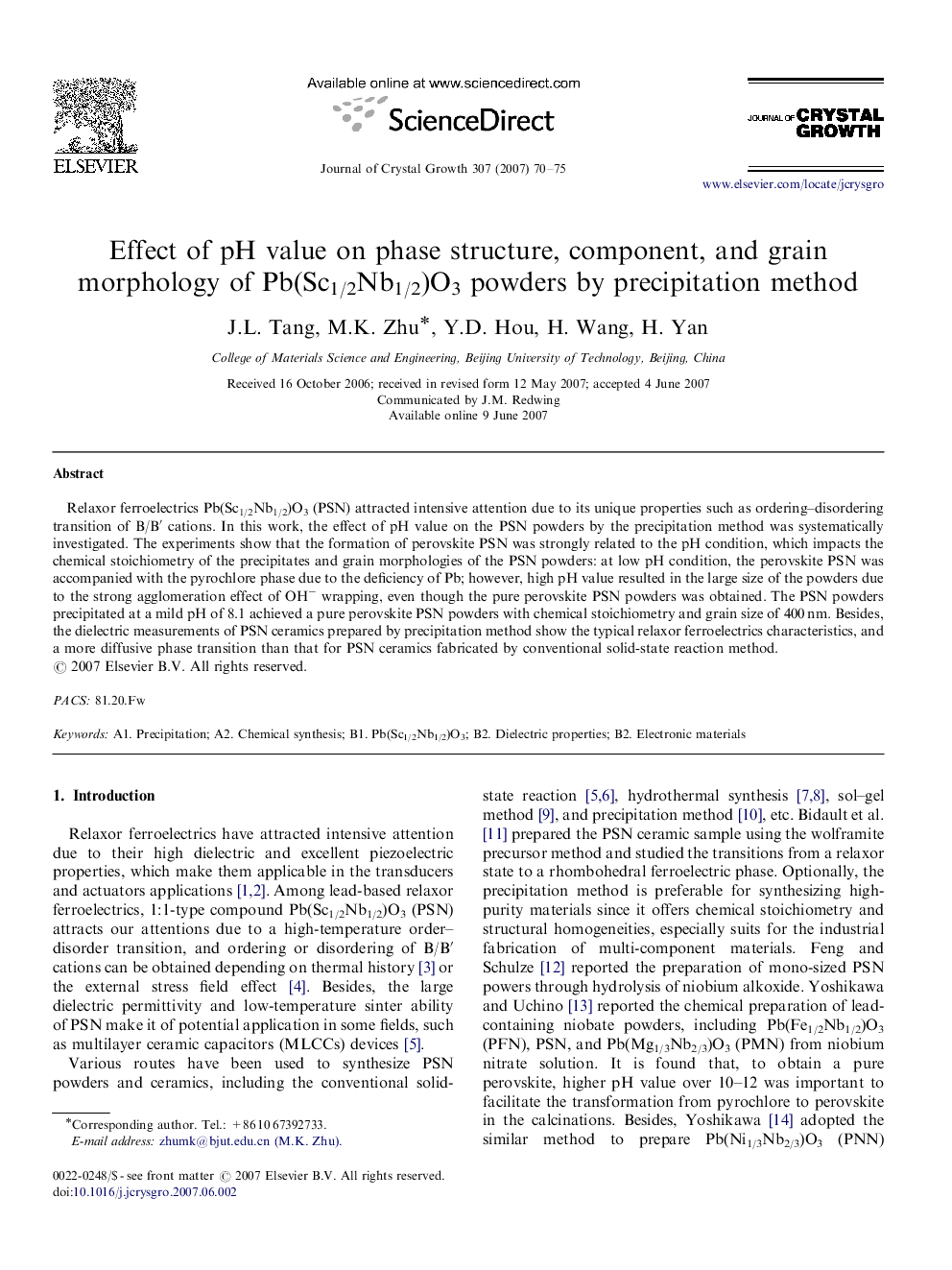 Effect of pH value on phase structure, component, and grain morphology of Pb(Sc1/2Nb1/2)O3 powders by precipitation method