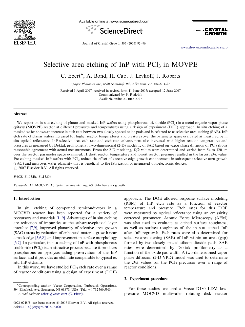 Selective area etching of InP with PCl3 in MOVPE