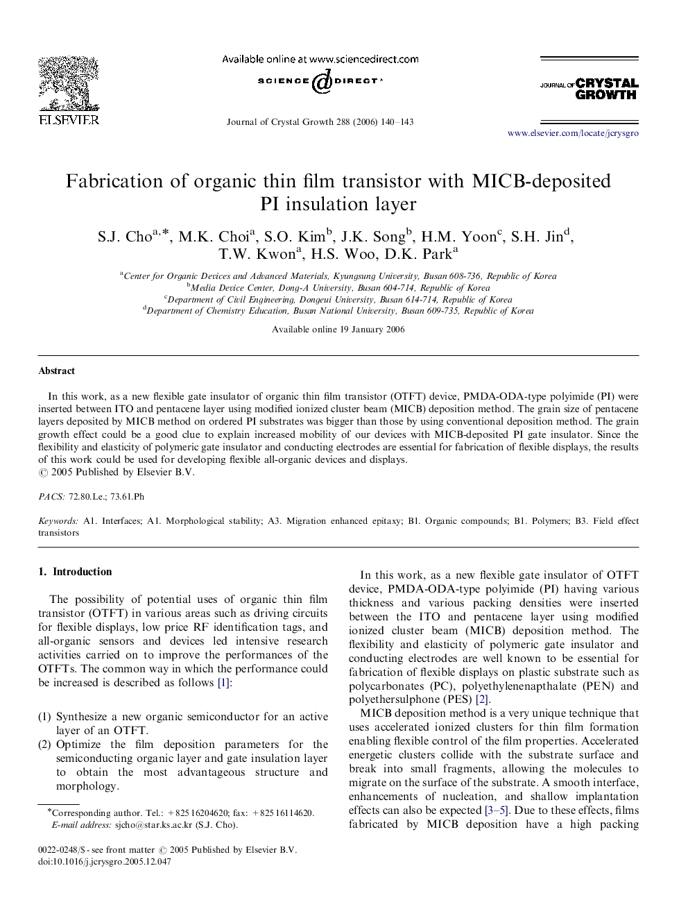 Fabrication of organic thin film transistor with MICB-deposited PI insulation layer