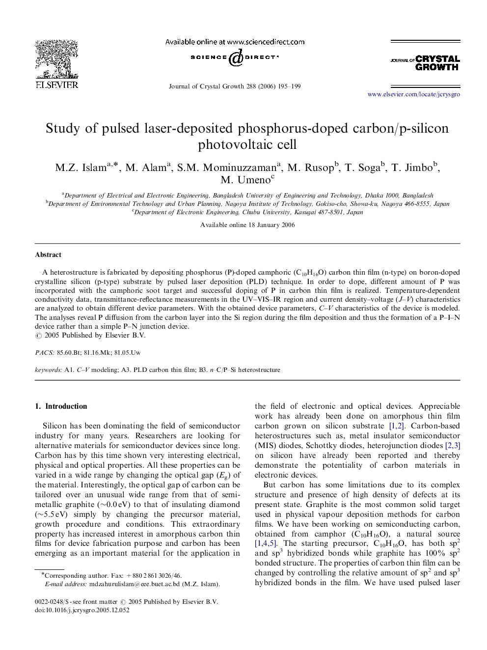 Study of pulsed laser-deposited phosphorus-doped carbon/p-silicon photovoltaic cell