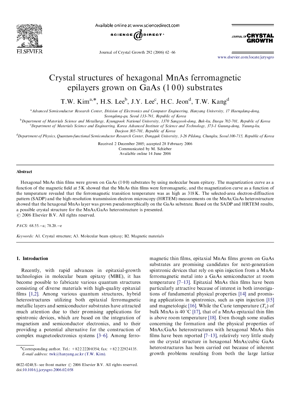 Crystal structures of hexagonal MnAs ferromagnetic epilayers grown on GaAs (1 0 0) substrates