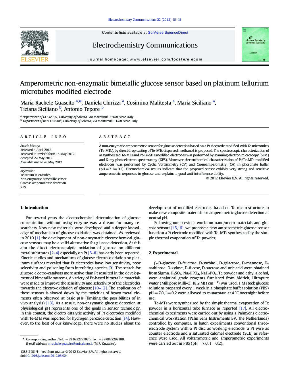 Amperometric non-enzymatic bimetallic glucose sensor based on platinum tellurium microtubes modified electrode