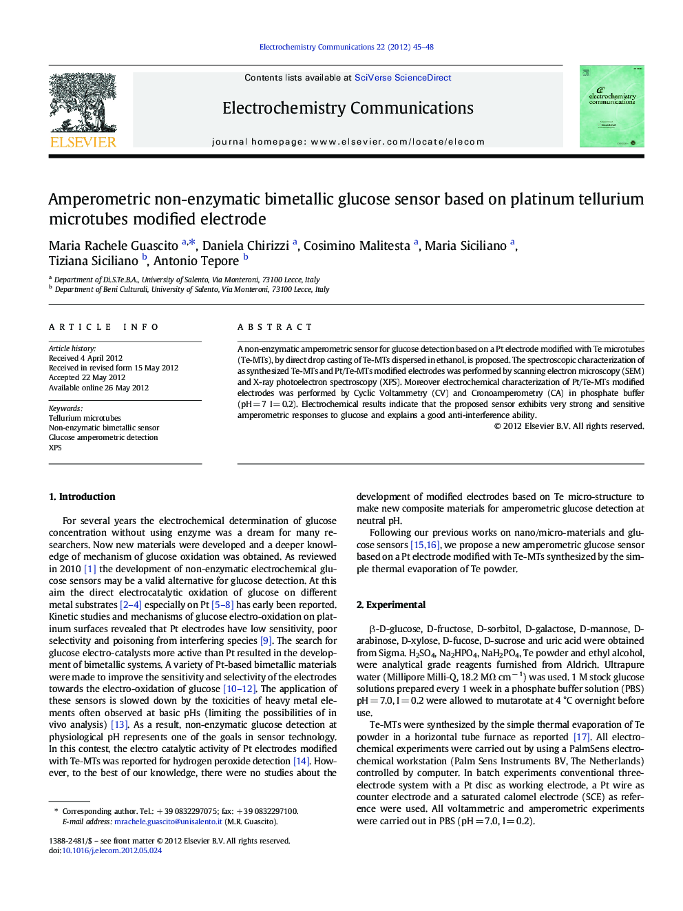 Amperometric non-enzymatic bimetallic glucose sensor based on platinum tellurium microtubes modified electrode