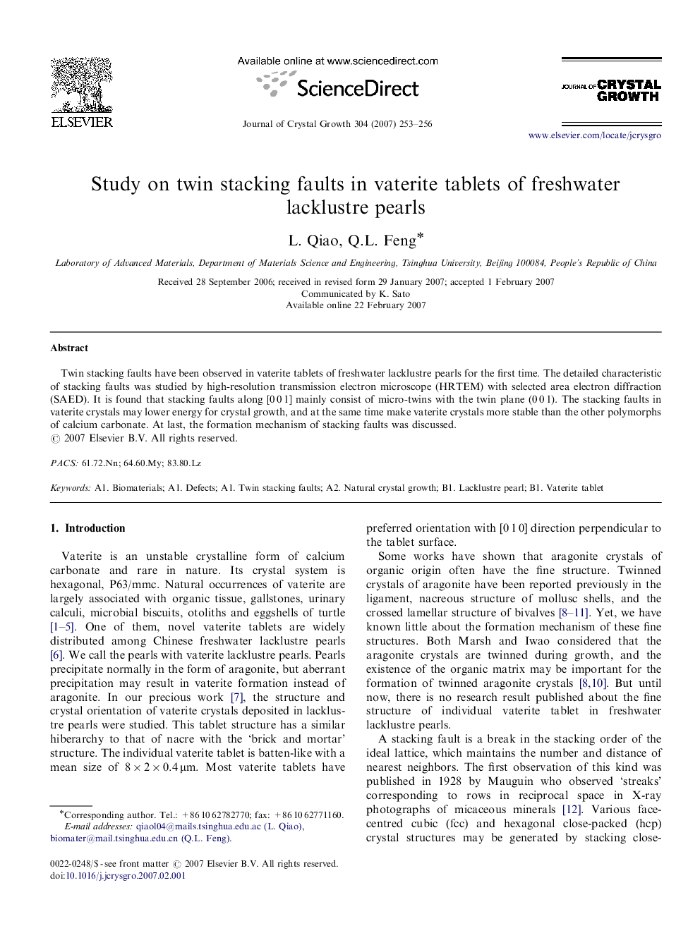 عکس صفحه اول مقاله: Study on twin stacking faults in vaterite tablets of freshwater lacklustre pearls Study on twin stacking faults in vaterite tablets of freshwater lacklustre pearls