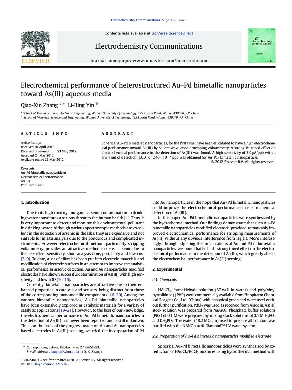 Electrochemical performance of heterostructured Au–Pd bimetallic nanoparticles toward As(III) aqueous media