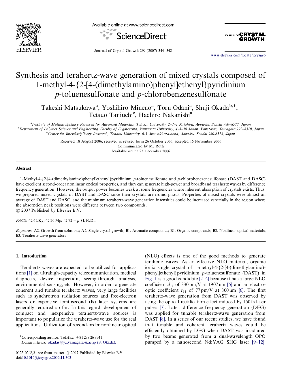 Synthesis and terahertz-wave generation of mixed crystals composed of 1-methyl-4-{2-[4-(dimethylamino)phenyl]ethenyl}pyridinium p-toluenesulfonate and p-chlorobenzenesulfonate