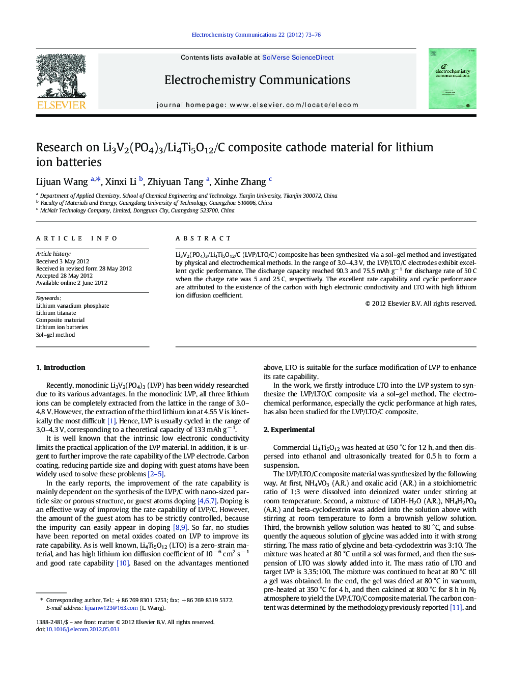 Research on Li3V2(PO4)3/Li4Ti5O12/C composite cathode material for lithium ion batteries